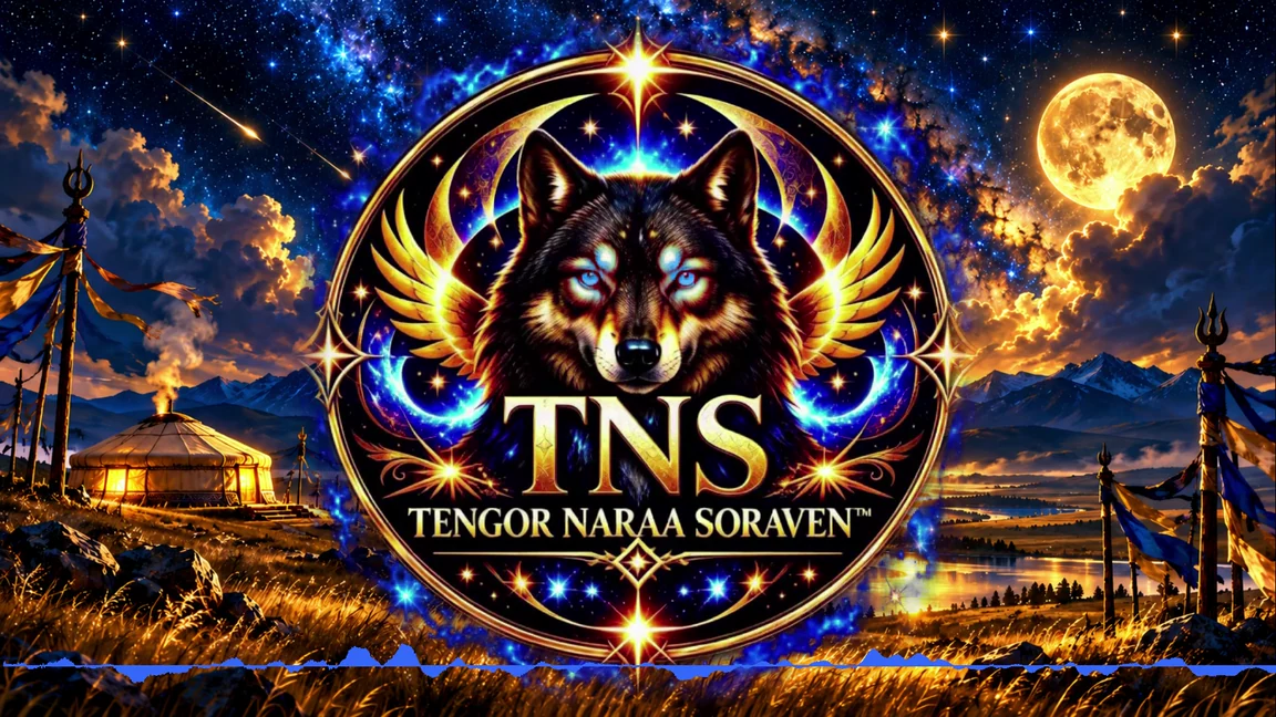 Originales TNS-Fenrir-Wappen mit blauen Augen vor Sternensteppe und goldener Mondlandschaft
